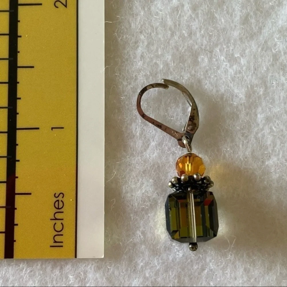 925 Sterling Silver Green Yellow Crystal Minimalist Cube Drop Earrings NEW